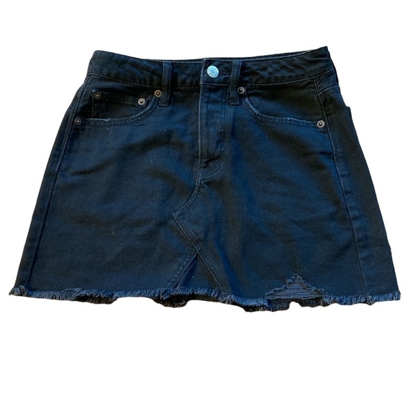 American Eagle Outfitters Hi Rise Festival Mini Jean Skirt Black Fringe Distress - Picture 1 of 12